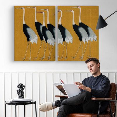 Japanese Cranes on Gold Canvas Wall Art Print