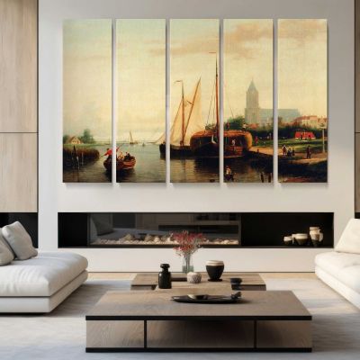Johannes Frederik A Moored Haybarge and Other Shipping by Abraham Hulk Snr Canvas Wall Art Print
