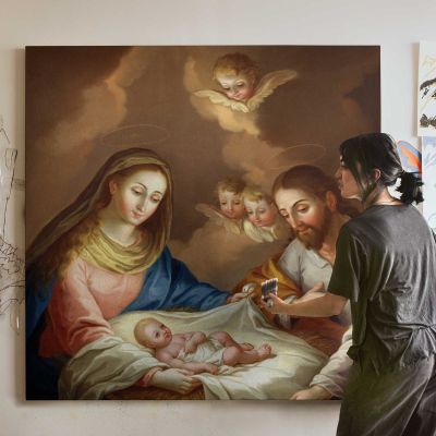 La Natividad (1799), vintage illustration by Jose Campeche y Jordan Square Canvas Wall Art