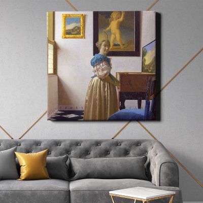 Lady Standing at a Virginal (ca. 1670–1672) famous painting.Johannes VERMEER Square Canvas Wall Art