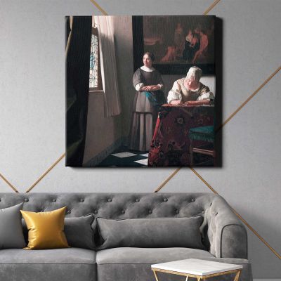 Lady Writing a Letter with her Maid (ca. 1670–1671) famous painting. by Johannes VERMEER Square Canvas Wall Art