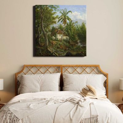 Landschap in Nederlands-Indië (1858 - 1900) by Maurits E H R van den Kerkhoff Square Canvas Wall Art