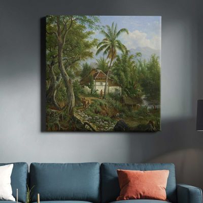 Landschap in Nederlands-Indië (1858 - 1900) by Maurits E H R van den Kerkhoff Square Canvas Wall Art