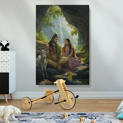 Lord Shiva and Parvati - Divine Mountain Scene with Cow By Unknown Indian Artist 