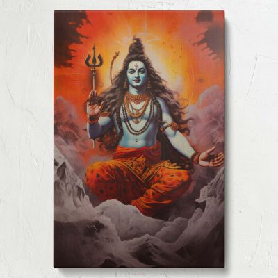 Lord Shiva Meditating - Mountain Scene with Trident and Glow