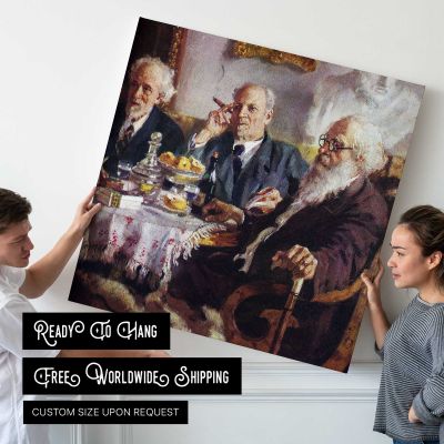 Men Taking Tea Square Canvas Wall Art