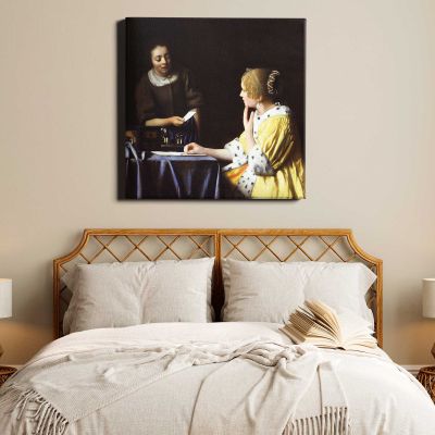 Mistress and Maid (ca. 1666–1667) famous painting. by Johannes VERMEER Square Canvas Wall Art