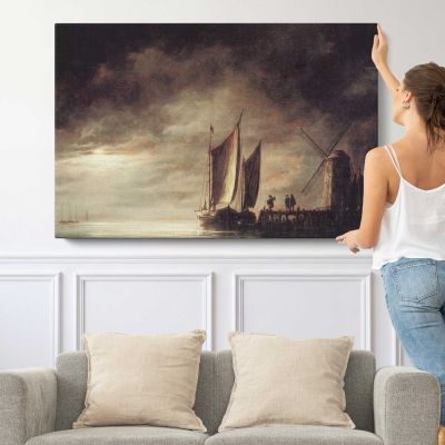Moonlit River Landscape by Aelbert Cuyp Canvas Wall Art Print