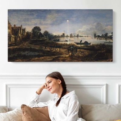 Moonlit River Landscape by Aert van der Neer Panoramic Canvas Print