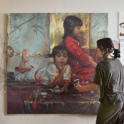 Mother and Child Preparing Tea by Daniel Gerhartz Square Canvas Wall Art