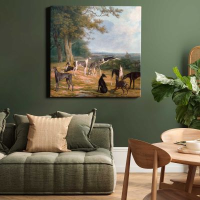 Nine Greyhounds in a Landscape (ca. 1807) painting in high resolution by Jacques–Laurent Agasse Square Canvas Wall Art