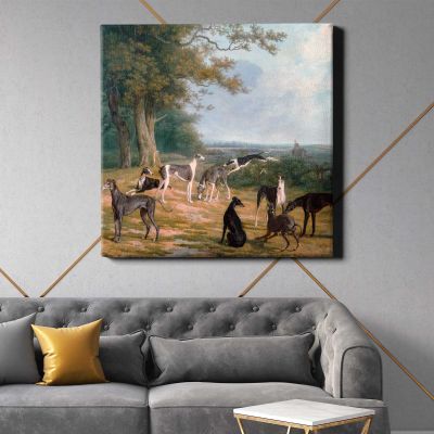 Nine Greyhounds in a Landscape (ca. 1807) painting in high resolution by Jacques–Laurent Agasse Square Canvas Wall Art