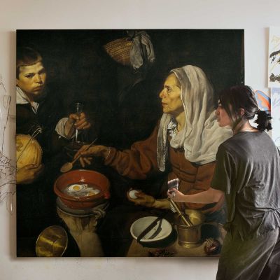 Old Woman Frying Eggs by Diego Velázquez Square Canvas Wall Art