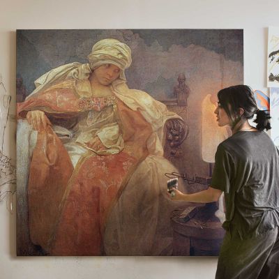 Seated Woman by Lamplight Square Canvas Wall Art