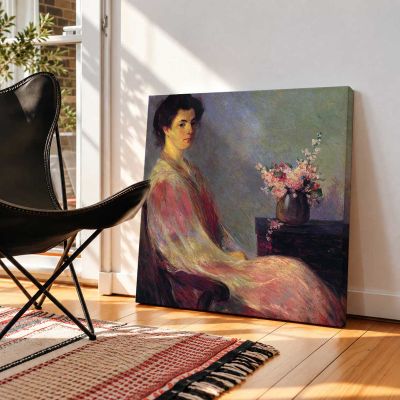 Seated Woman with Flowers Square Canvas Wall Art