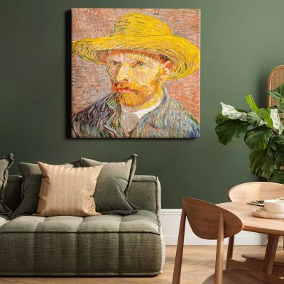 Self-Portrait with a Straw Hat vintage by Vincent Van Gogh Square Canvas Wall Art