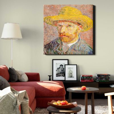 Self-Portrait with a Straw Hat vintage by Vincent Van Gogh Square Canvas Wall Art