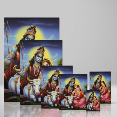 Shiva, Parvati and Nandi - Traditional Indian Deity Scene By Unknown Indian Artist 
