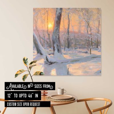 Snowy Woodland at Sunset Square Canvas Wall Art