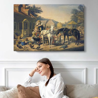Stagecoach in a Mountain Village Canvas Wall Art Print