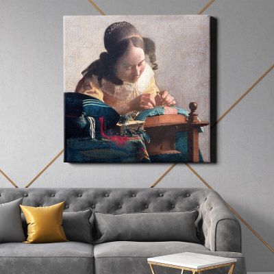 The Lacemaker (ca.1669–1671) famous painting.Johannes VERMEER Square Canvas Wall Art