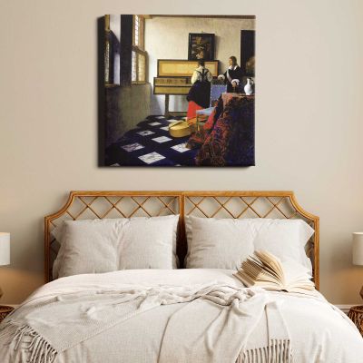 The Music Lesson (ca. 1662–1665) famous painting. BY Johannes VERMEER Square Canvas Wall Art