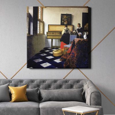 The Music Lesson (ca. 1662–1665) famous painting. BY Johannes VERMEER Square Canvas Wall Art
