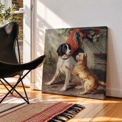 Two dogs by a kennel by Conradijn Cunaeus (1828–1895) Square Canvas Wall Art
