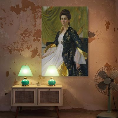Victorian Woman by William Blake Richmond - Navy and Gold Robe in Green Drapery 