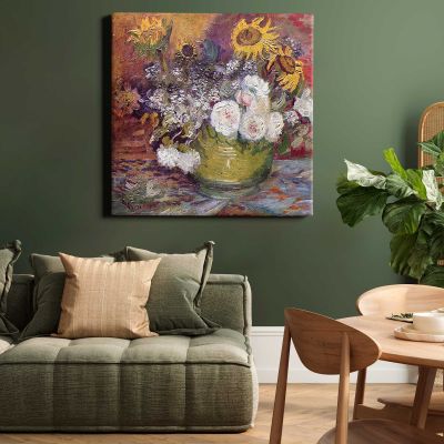 Vincent van Gogh's Bowl With Sunflowers Roses And Other Flowers (1886) Square Canvas Wall Art