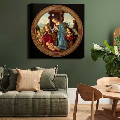 Virgin Adoring the Christ Child with St. John the Baptist and Two Angels by Tommaso Square Canvas Wall Art