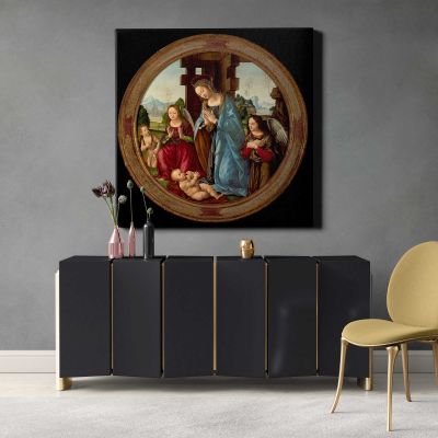 Virgin Adoring the Christ Child with St. John the Baptist and Two Angels by Tommaso Square Canvas Wall Art