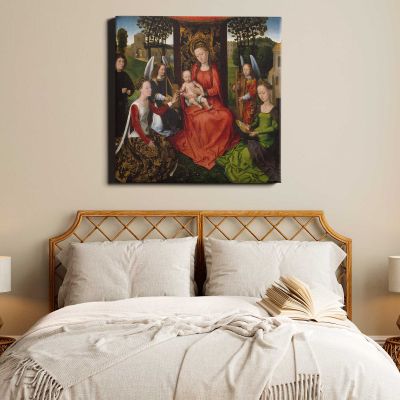 Virgin and Child with Saints Catherine of Alexandria and Barbara by Hans Memling Square Canvas Wall Art