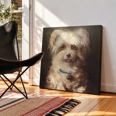 werggriffon mit blauem Halsband und Glockchen, Dwarf griffon with blue collar and bell (1871) oil painting by Karl Reichert Square Canvas Wall Art