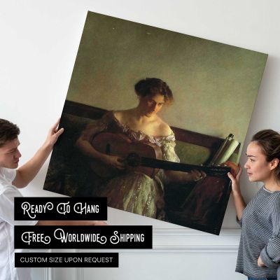 Woman Playing Guitar Square Canvas Wall Art