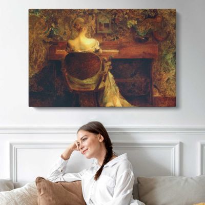 Woman Reading by the Fireplace Canvas Wall Art Print