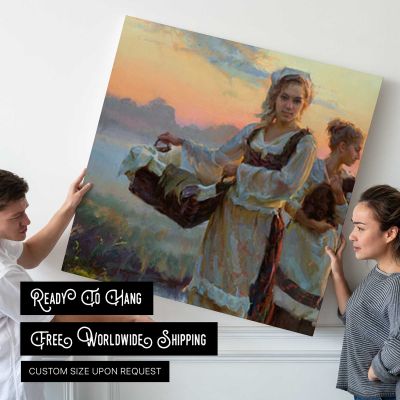 Women Carrying Laundry at Sunset by Daniel Gerhartz Square Canvas Wall Art