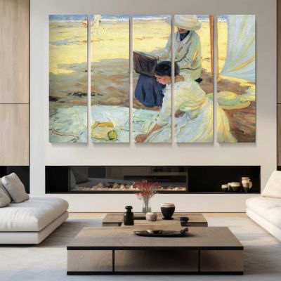 Women Sewing beside Sailboats Canvas Wall Art Print