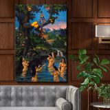 Krishna Stealing the Gopis' Clothes - Divine River Scene By Unknown Indian Artist canvas wall art