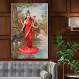 Lakshmi Standing on Lotus - Hindu Goddess of Wealth By Raja Ravi Varma canvas wall art