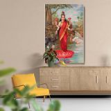 Lakshmi Standing on Lotus - Hindu Goddess of Wealth By Raja Ravi Varma canvas wall art - Image 5