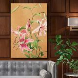 Lilies - Pink Botanical Flowers on Beige By L. Prang & Co. canvas wall art
