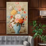 Floral Still Life in Ornate Blue Vase - Pastel Botanical Art canvas wall art