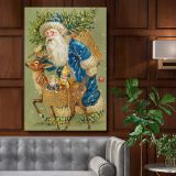 Santa in Blue with Reindeer - Vintage Holiday Postcard Scene canvas wall art