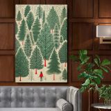 Whimsical Forest Scene - Red-Coated Figure Among Evergreen Trees canvas wall art