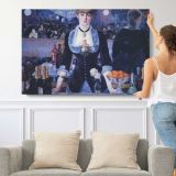 A Bar at the Folies-Bergere by Edouard Manet - single-panel canvas shown with a person for scale