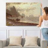 A Norwegian Fjord by Adelsteen Normann - single-panel canvas shown with a person for scale