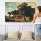 A Rustic Mill by Albert Bierstadt - single-panel canvas shown with a person for scale