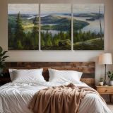 A Summer's Day on Lake Paijanne by Thorsten Waenerberg — three-panel canvas above a bed