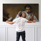 A Tender Embrace by Daniel Gerhartz — single-panel canvas shown behind a standing person for scale